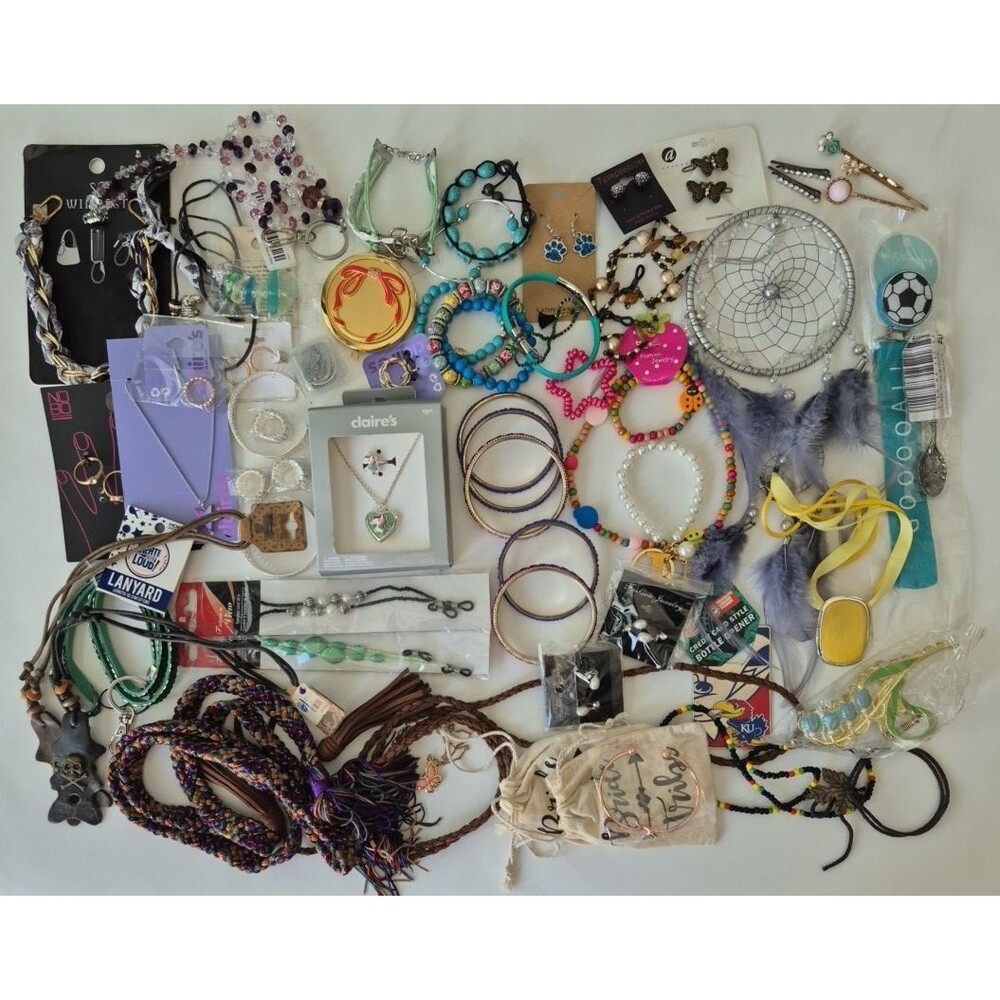 63 PC Misc Variety Modern Jewelry Lot Necklaces Bracelets Rings Keychains Hair